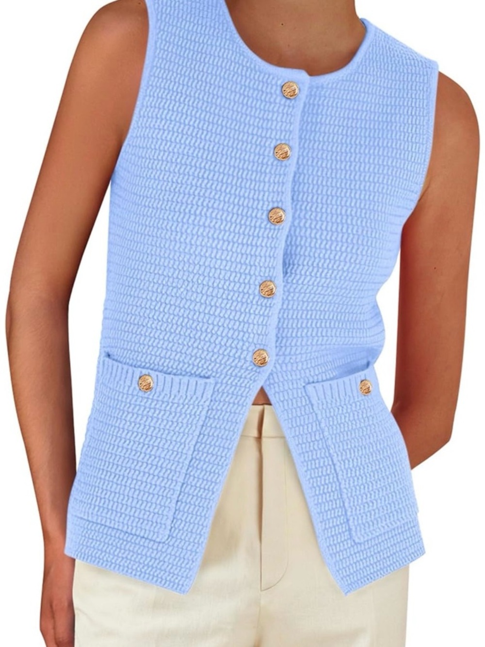 Sleeveless Pastel Blue Knit Button Vest